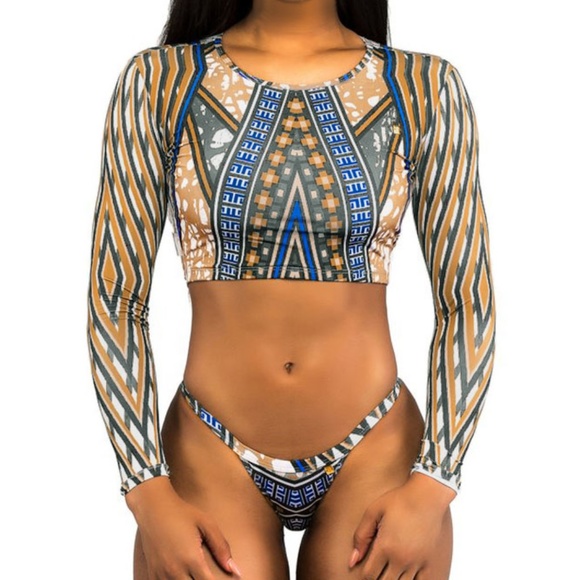 Other - Geometric African Print Long Sleeve Tanga Swinsuit